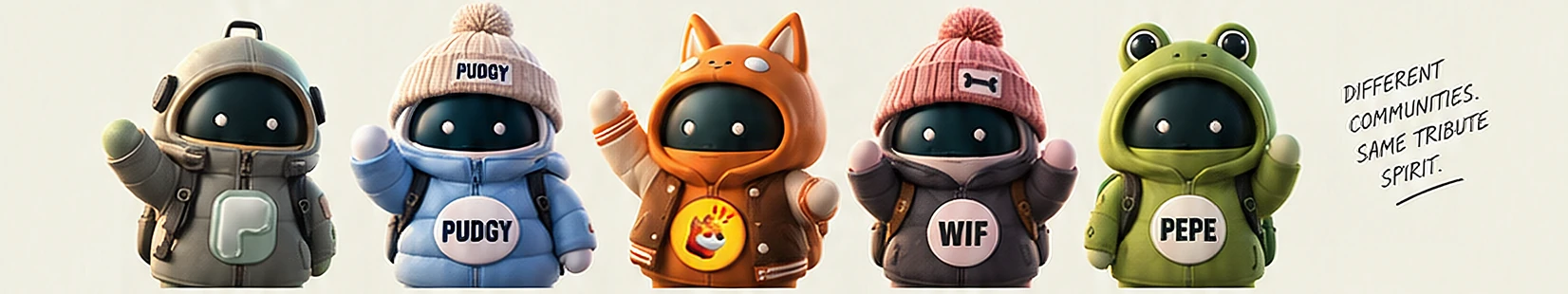 The PONS, PUDGY, BONK, WIF and PEPE characters from the Tribute concept