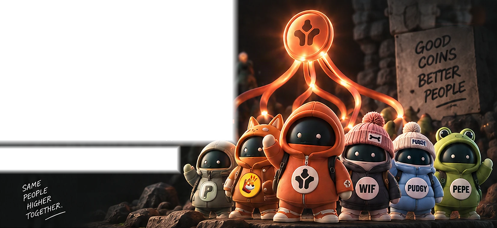 The Tribute character family together beneath a glowing orange emblem