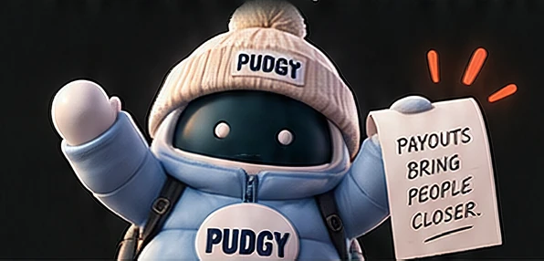 Pudgy character holding a sign: payouts bring people closer